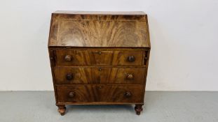 A VICTORIAN MAHOGANY THREE DRAWER BUREAU WITH FITTED INTERIOR WIDTH 92CM. DEPTH 49CM. HEIGHT 106CM.