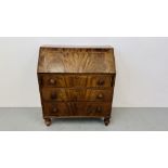 A VICTORIAN MAHOGANY THREE DRAWER BUREAU WITH FITTED INTERIOR WIDTH 92CM. DEPTH 49CM. HEIGHT 106CM.