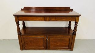 A VICTORIAN MAHOGANY TWO DOOR, TWO DRAWER BUFFET - WIDTH 148CM. DEPTH 53CM. HEIGHT 105CM.