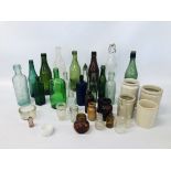 COLLECTION OF ASSORTED VINTAGE GLASS BOTTLES AND JARS TO INCLUDE SOME OF LOCAL INTEREST.