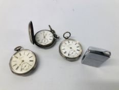 THREE VINTAGE SILVER POCKET WATCHES TO INCLUDE A.W.W. Co, G. AARONSON ETC + ZIPPO LIGHTER.