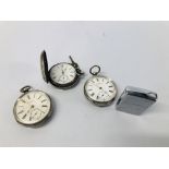 THREE VINTAGE SILVER POCKET WATCHES TO INCLUDE A.W.W. Co, G. AARONSON ETC + ZIPPO LIGHTER.