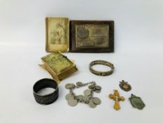 BOX OF MIXED COLLECTIBLES TO INCLUDE PRAYER BOOK, PLINZE PLAQUE, SILVER SERVIETTE RING,