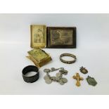 BOX OF MIXED COLLECTIBLES TO INCLUDE PRAYER BOOK, PLINZE PLAQUE, SILVER SERVIETTE RING,