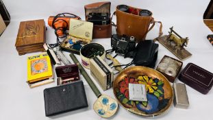 BOX OF MIXED VINTAGE COLLECTABLE'S TO INCLUDE BINOCULARS, BOX OF GLASS POCKET WATCH GLASSES,