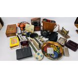 BOX OF MIXED VINTAGE COLLECTABLE'S TO INCLUDE BINOCULARS, BOX OF GLASS POCKET WATCH GLASSES,