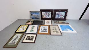 COLLECTION OF MAINLY FRAMED ART WORKS AND PRINTS TO INCLUDE VANITY FAIR SPY PRINT,