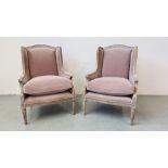 A PAIR OF GOOD QUALITY REPRODUCTION DUNELM LIMED FINISH FRENCH STYLE ARM CHAIRS WITH MAUVE