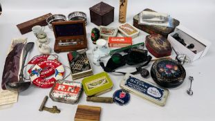 BOX OF ASSORTED COLLECTABLE'S TO INCLUDE COASTER, LEAD ANIMALS, SOUVENIR LIFE BELTS, TINS,