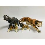 MELBA WARE TIGER ALONG WITH A PAIR OF BOXER DOG ORNAMENTS AND AN ELEPHANT A/F.