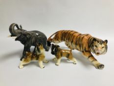 MELBA WARE TIGER ALONG WITH A PAIR OF BOXER DOG ORNAMENTS AND AN ELEPHANT A/F.