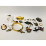 COLLECTION OF VINTAGE COSTUME JEWELLERY TO INCLUDE A SILVER CAMEO BROOCH, RAF BADGE,