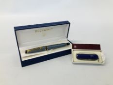 WATERMAN CASED FOUNTAIN PEN IN ORIGINAL BOX + A VICTORIAN SWISS ARMY KNIFE IN ORIGINAL BOX.