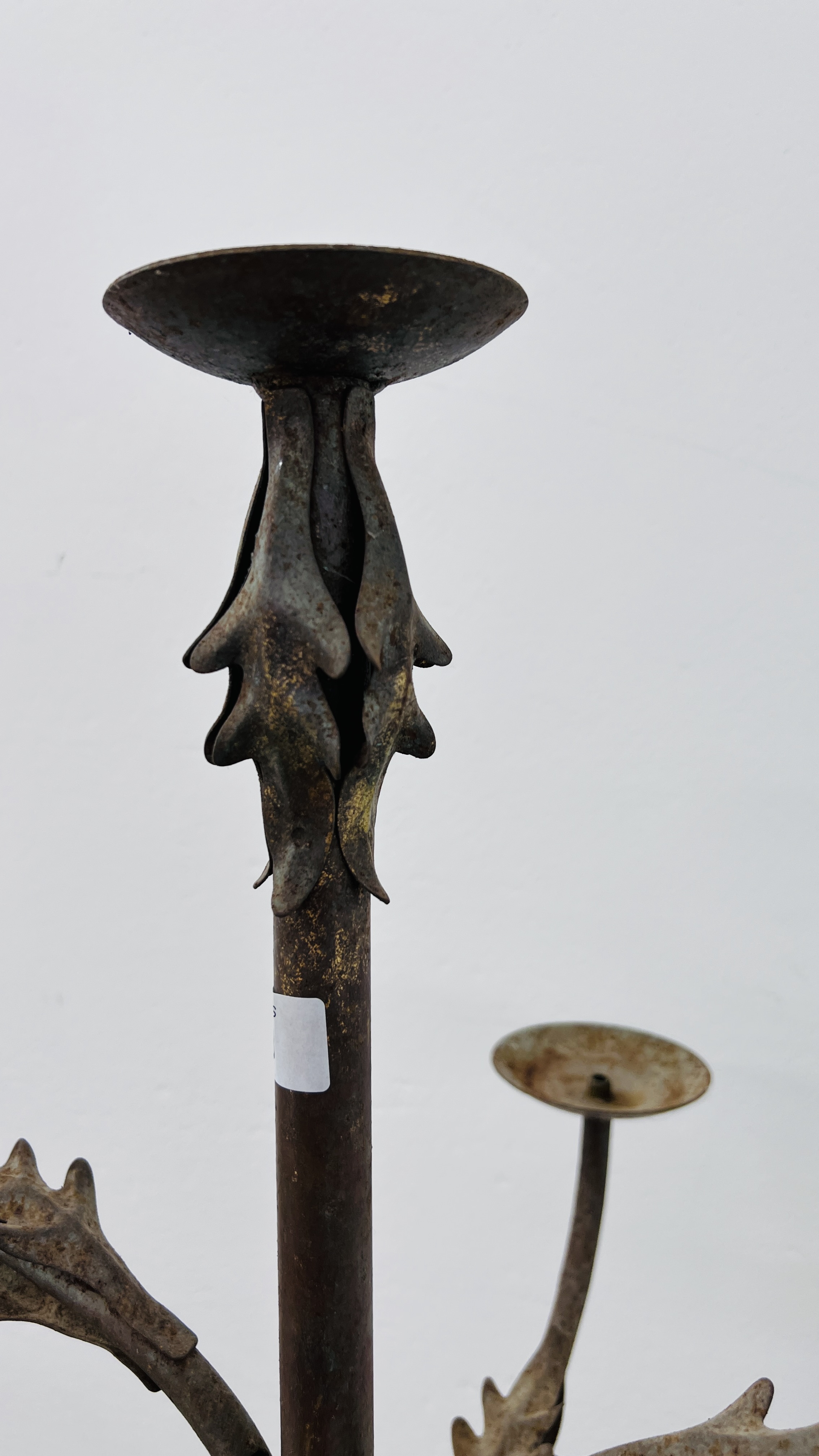 AN ARTS AND CRAFTS STYLE FIVE BRANCH STANDARD CANDELABRA H 146CM. - Image 4 of 6