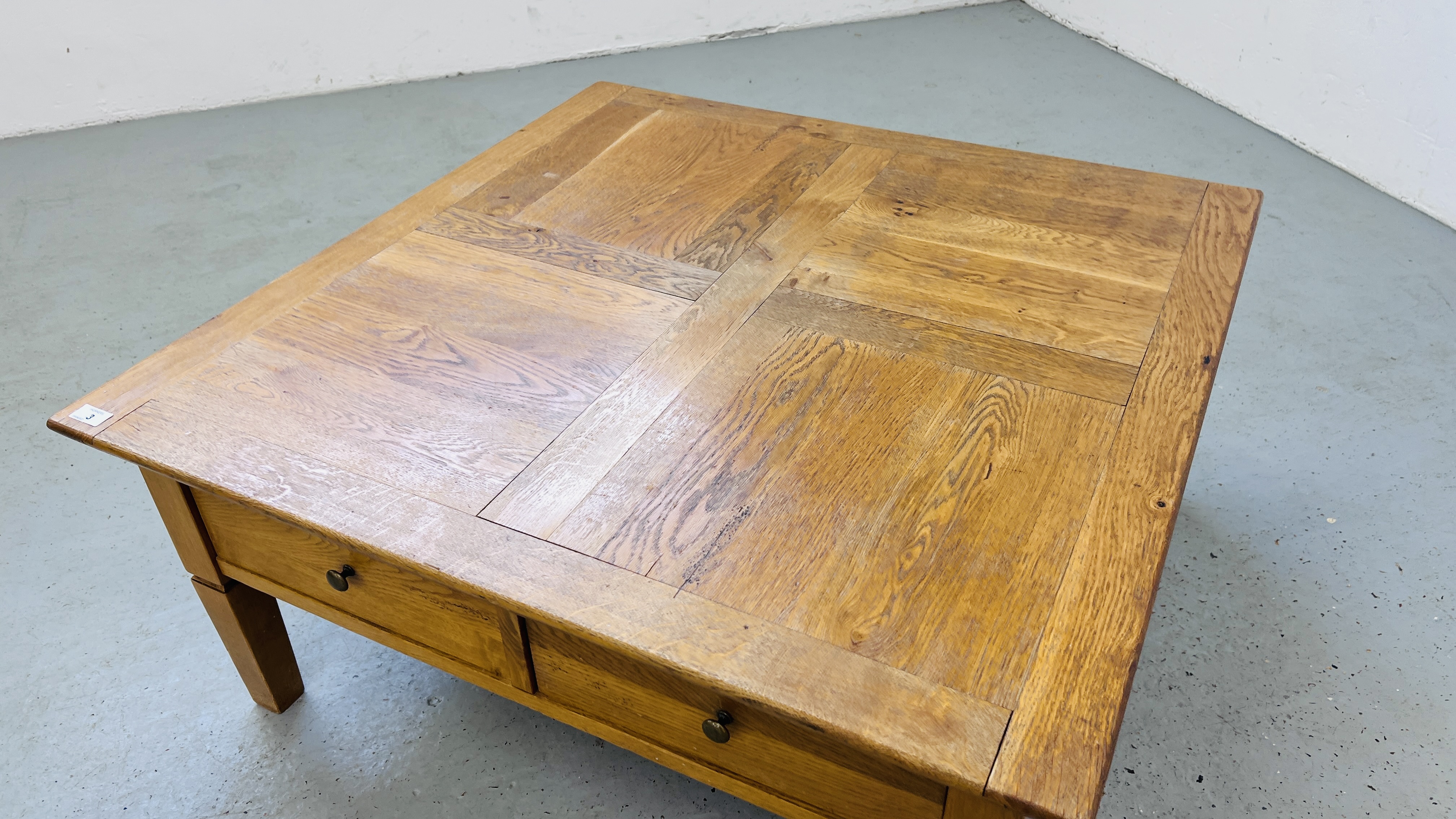 A SOLID OAK TWO DRAWER COFFEE TABLE W 100CM, D 100CM, H 46CM. - Image 4 of 11