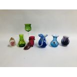 COLLECTION OF ART GLASS TO INCLUDE VASES ALONG WITH A CRANBERRY GLASS BOOT, ETC.