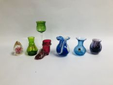 COLLECTION OF ART GLASS TO INCLUDE VASES ALONG WITH A CRANBERRY GLASS BOOT, ETC.