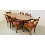 A GOOD QUALITY REPRODUCTION REGENCY STYLE TWIN PEDESTAL EXTENDING DINING TABLE AND SIX CHAIRS TABLE