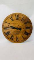 A REPRODUCTION WOODEN WALL CLOCK THE DIAL MARKED "ALEX MITCHELL GLASGOW" - QUARTZ MOVEMENT.