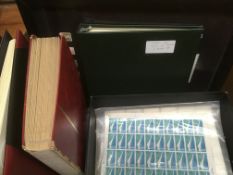 BOX OF STAMPS IN FOUR VOLUMES AND LOOSE, FRAMED 1012 OLYMPIC ITEMS, ETC.