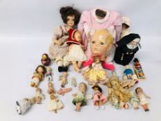 COLLECTION OF VINTAGE DOLLS TO INCLUDE CHINA AND BISQUE HEADED ETC.