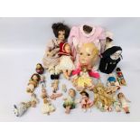 COLLECTION OF VINTAGE DOLLS TO INCLUDE CHINA AND BISQUE HEADED ETC.