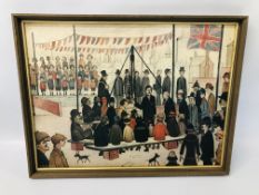 LOWRY PRINT "LAYING A FOUNDATION STONE" WIDTH 58CM. HEIGHT 43CM.