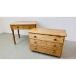 HONEY PINE TWO DRAWER DESK W 42CM X D 71CM ALONG WITH A PINE THREE DRAWER CHEST W 96CM, D 46CM,