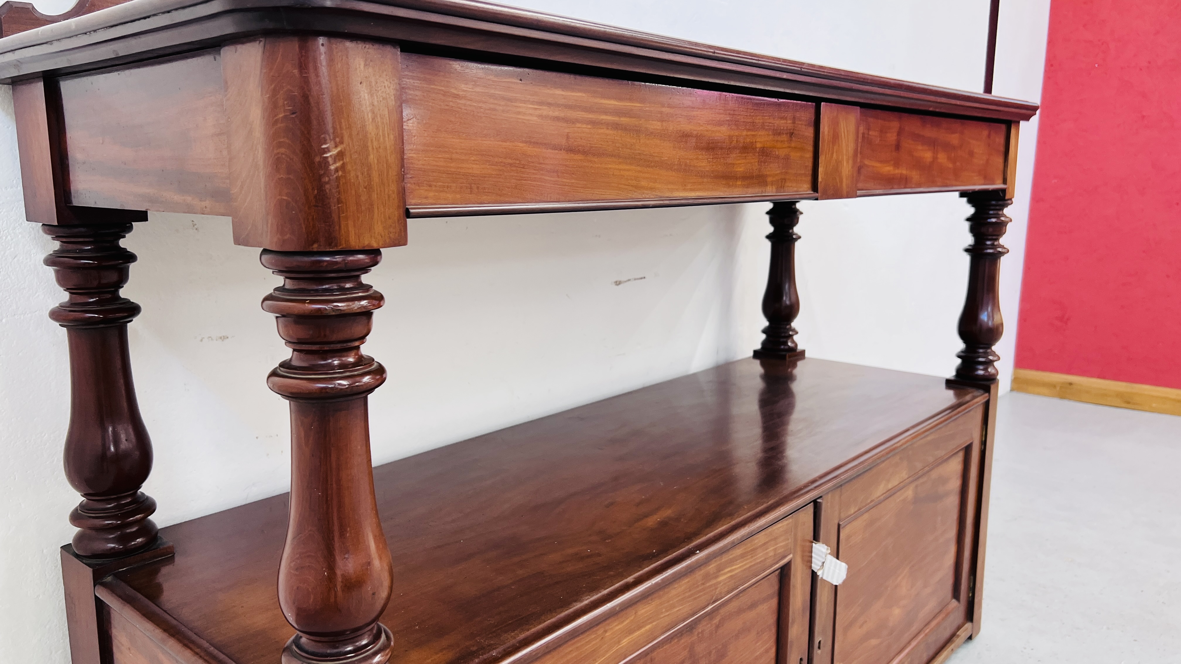 A VICTORIAN MAHOGANY TWO DOOR, TWO DRAWER BUFFET - WIDTH 148CM. DEPTH 53CM. HEIGHT 105CM. - Image 9 of 14