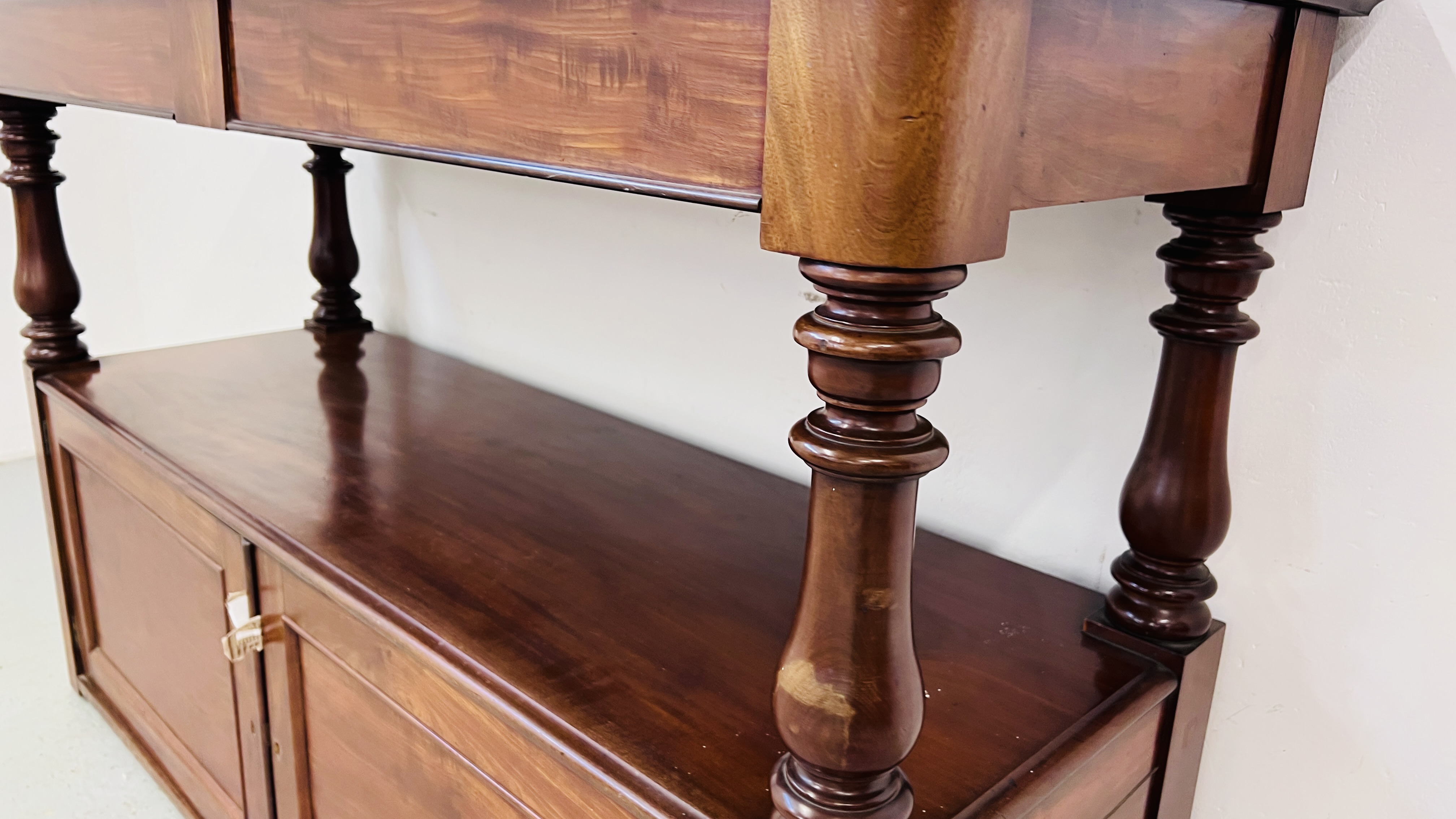 A VICTORIAN MAHOGANY TWO DOOR, TWO DRAWER BUFFET - WIDTH 148CM. DEPTH 53CM. HEIGHT 105CM. - Image 6 of 14