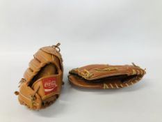 TWO TAN LEATHER BASEBALL MITTS TO INCLUDE COCA COLA AND REGENT.