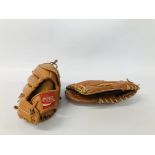 TWO TAN LEATHER BASEBALL MITTS TO INCLUDE COCA COLA AND REGENT.