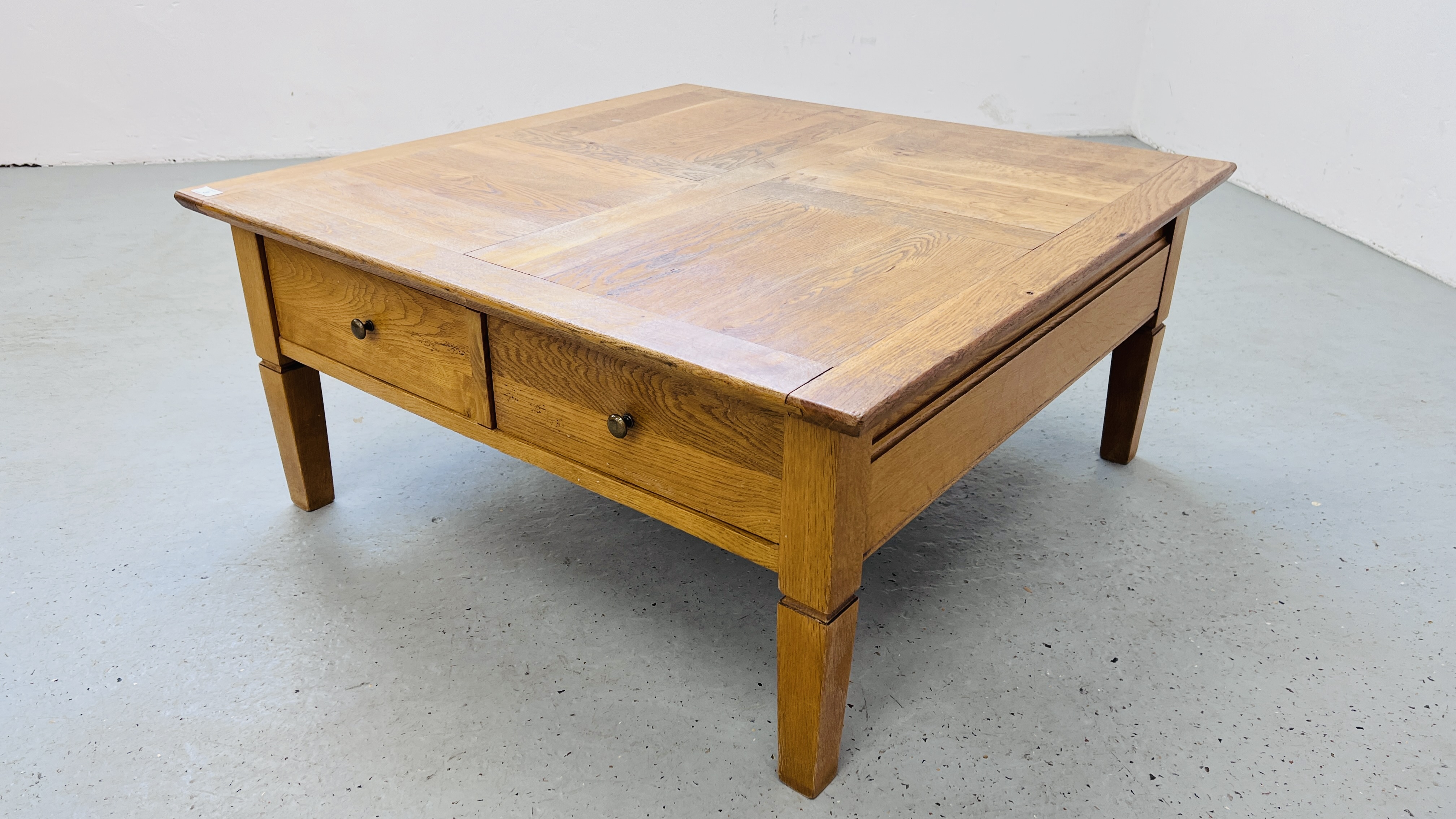 A SOLID OAK TWO DRAWER COFFEE TABLE W 100CM, D 100CM, H 46CM. - Image 3 of 11