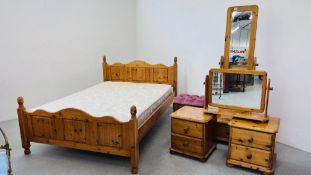 A HONEY PINE BEDROOM SUITE COMPRISING OF DOUBLE BED FRAME AND MATTRESS,