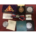 SMALL BOX COINS, 1953 CORONATION SOUVENIRS, 1951 CROWN, YELLOW METAL TIEPIN ETC.