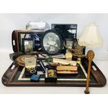 BOX OF COLLECTIBLES TO INCLUDE HORN LAMP (WIRING REMOVED), BAROMETER, VINTAGE FRAMED PHOTOGRAPH,