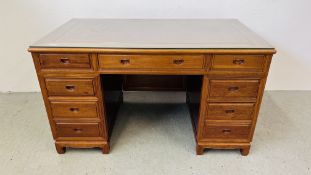 AN ORIENTAL DESIGN HARDWOOD TWIN PEDESTAL HOME OFFICE DESK WIDTH 137CM. DEPTH 77CM. HEIGHT 79CM.