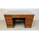 AN ORIENTAL DESIGN HARDWOOD TWIN PEDESTAL HOME OFFICE DESK WIDTH 137CM. DEPTH 77CM. HEIGHT 79CM.