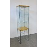 A DESIGNER DISPLAY CABINET ON CHROME STAND WIDTH 47CM. DEPTH 37CM. HEIGHT 172CM.