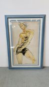 A CONTEMPORARY WATERCOLOUR LIFE STUDY OF MALE DANCER, INDISTINCT SIGNATURE - 97 X 55CM,