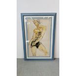 A CONTEMPORARY WATERCOLOUR LIFE STUDY OF MALE DANCER, INDISTINCT SIGNATURE - 97 X 55CM,