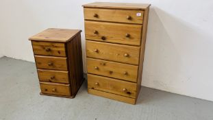 A WAX PINE FIVE DRAWER CHEST WIDTH 62CM. DEPTH 35CM. HEIGHT 105CM .