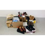 4 X BOXES SUNDRIES TO INCLUDE BARBOUR, HUSH PUPPY AND CLARK SHOES, CORDUROY WESTERN STYLE HAT,