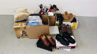 4 X BOXES SUNDRIES TO INCLUDE BARBOUR, HUSH PUPPY AND CLARK SHOES, CORDUROY WESTERN STYLE HAT,