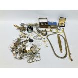 TRAY OF ASSORTED VINTAGE COSTUME JEWELLERY TO INCLUDE SOME SILVER, CUFF LINKS, WATCHES,