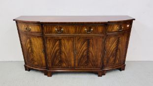 A GOOD QUALITY REPRODUCTION MAHOGANY FINISH SHAPED FRONT DRESSER BASE W 168CM, D 42CM, H 87CM.