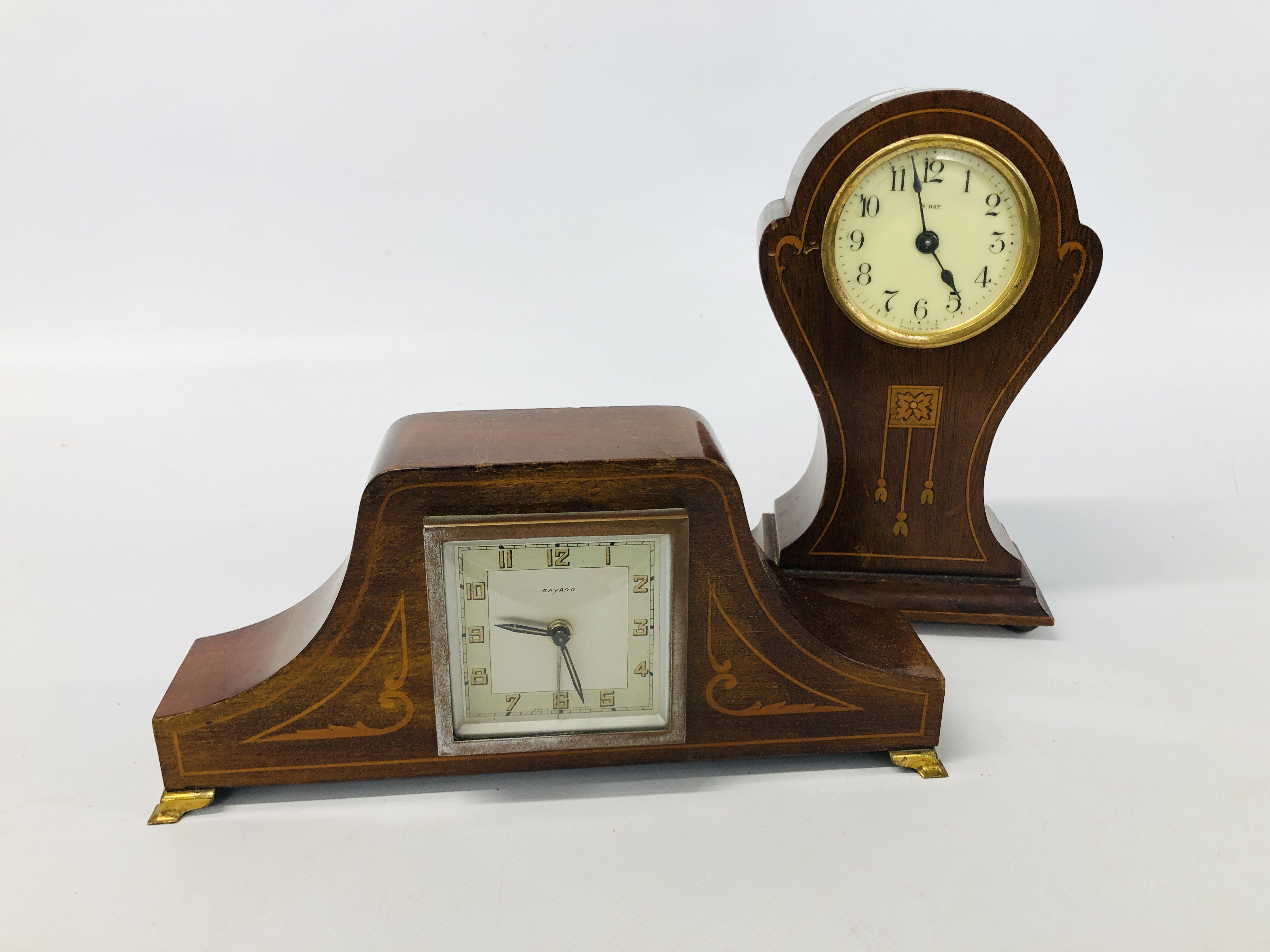 2 X EDWARDIAN INLAID MANTEL CLOCKS TO INCLUDE ONE MARKED BAYARD.