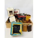 BOX OF COLLECTABLE'S TO INCLUDE VINTAGE CAMERA'S, HIP FLASKS, PHILIPS BULBS, BOXED PLATED CUTLERY,