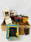 BOX OF COLLECTABLE'S TO INCLUDE VINTAGE CAMERA'S, HIP FLASKS, PHILIPS BULBS, BOXED PLATED CUTLERY,