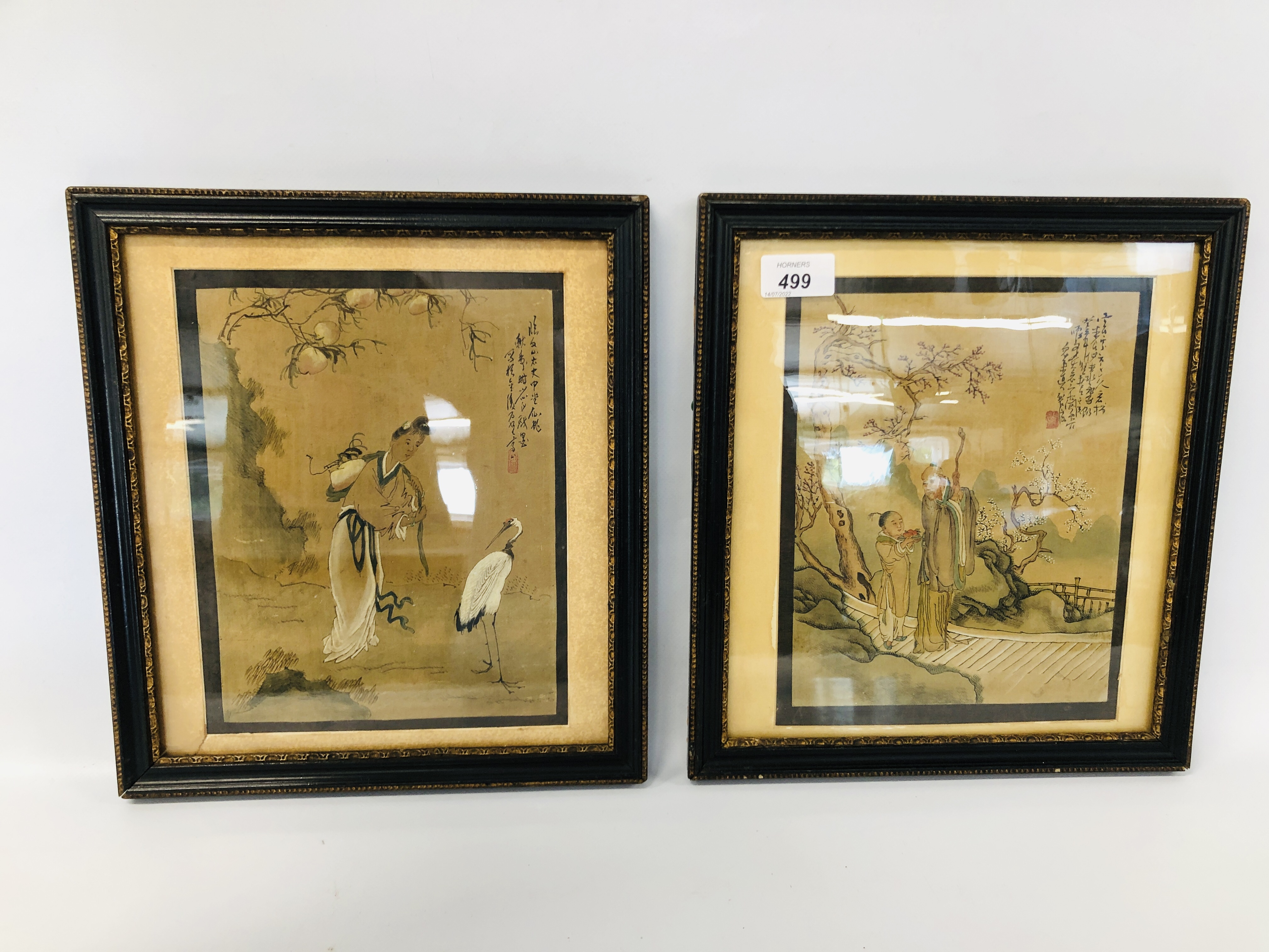 A PAIR OF ORIENTAL WATERCOLOURS OF BOY & MAN AND WOMEN & STALK H 24CM , W 19.5CM.